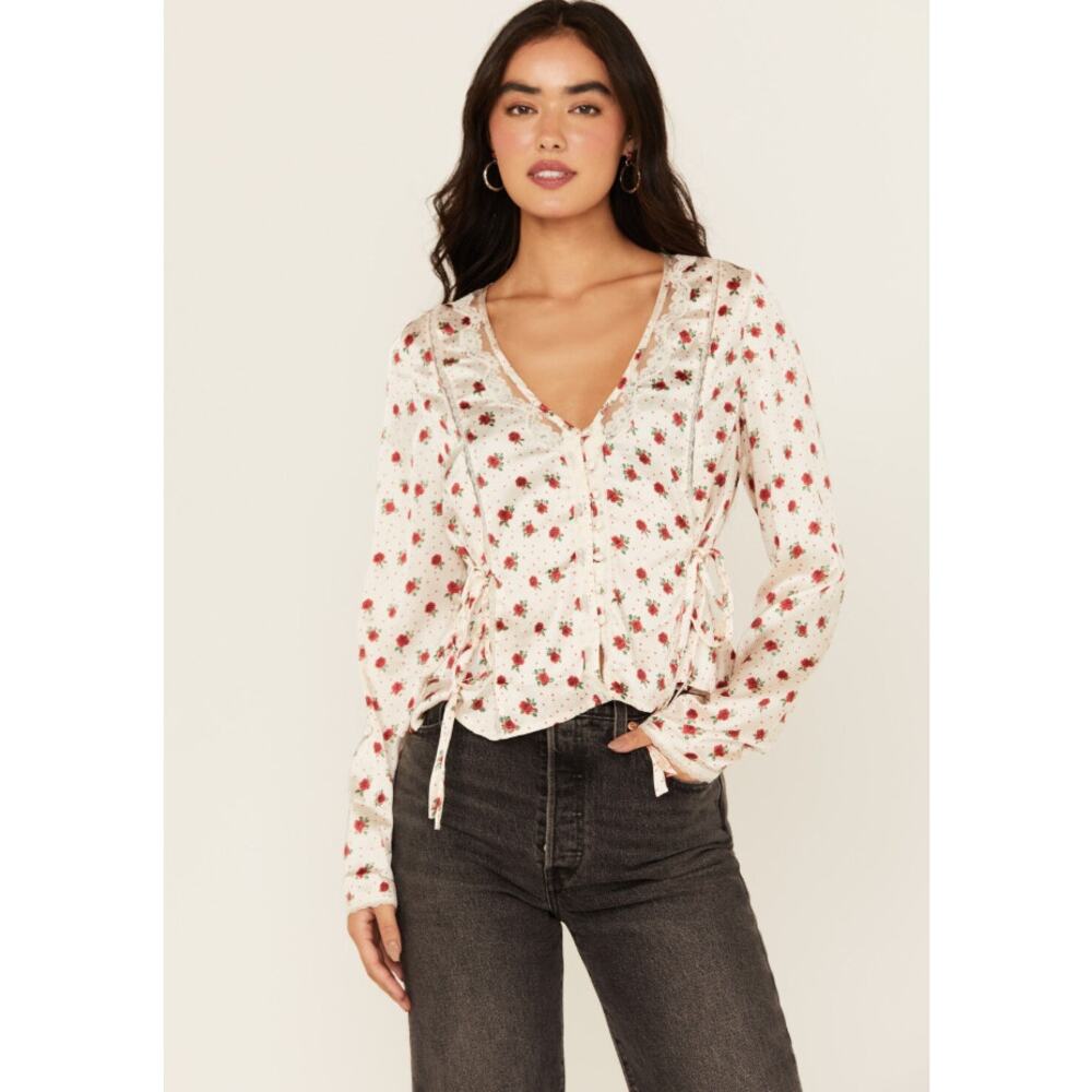FREE PEOPLE Women's Field of Roses Top Medium Cream Red Long Sleeve NWOT - Picture 2 of 13